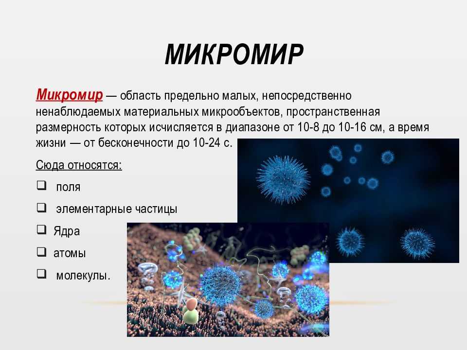 Микромир это молекулы атомы элементарные частицы мир предельно малых непосредственно не наблюдаемых микрообъектов пространственная разномерность которых исчисляется до 10 18 10 4 м а время жизни от бесконечности до 10 24 с