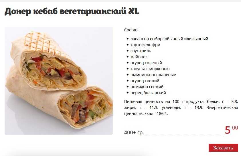 Cколько калорий (ккал) в шаурме с курицей